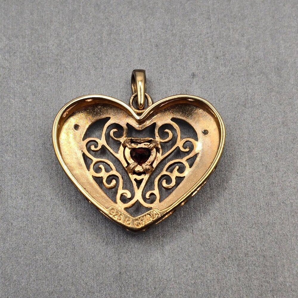 VTG Ross‑Simons Vermeil Sterling Heart Pendant Garnet & Diamond Accents 1" - Picture 3 of 9